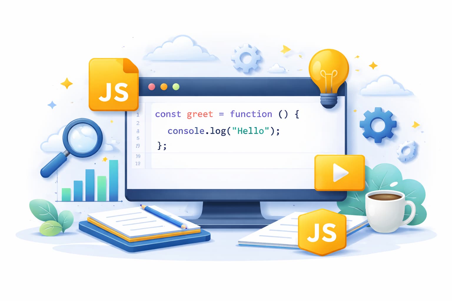 JavaScriptの無名関数をイメージしたシンプルなコード画面と開発ツールのイラスト