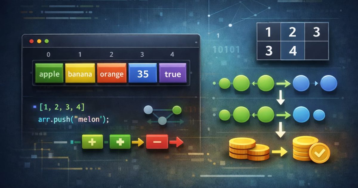 JavaScriptの配列を象徴するカラフルなデータブロックと構造的なビジュアルイメージ