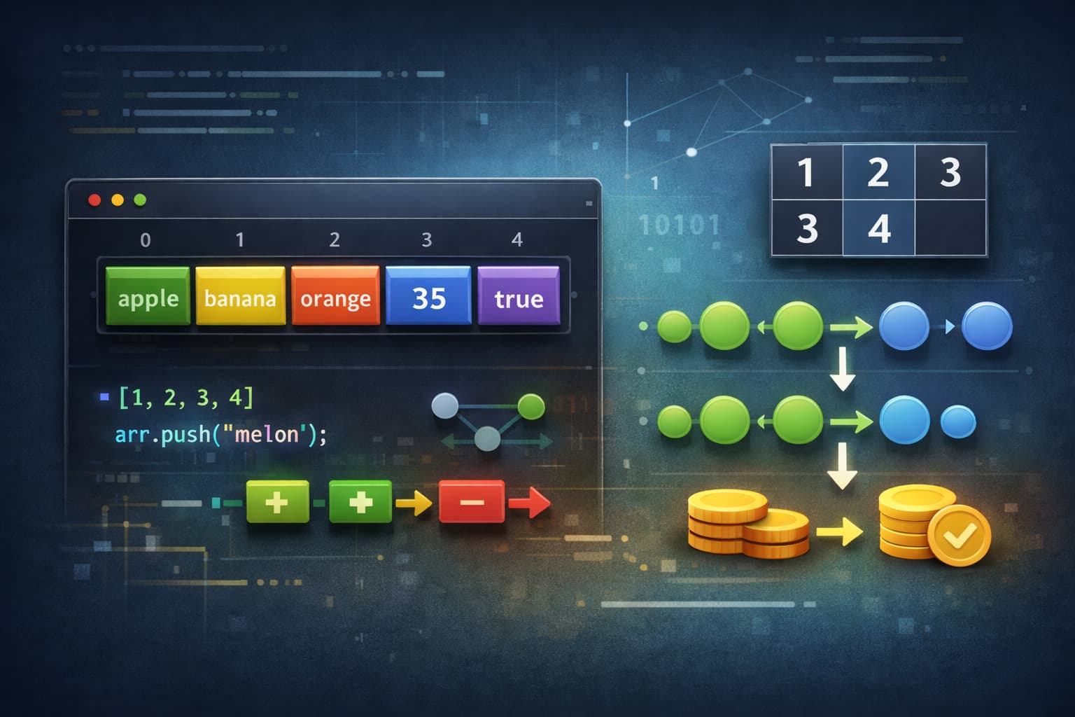 JavaScriptの配列を象徴するカラフルなデータブロックと構造的なビジュアルイメージ