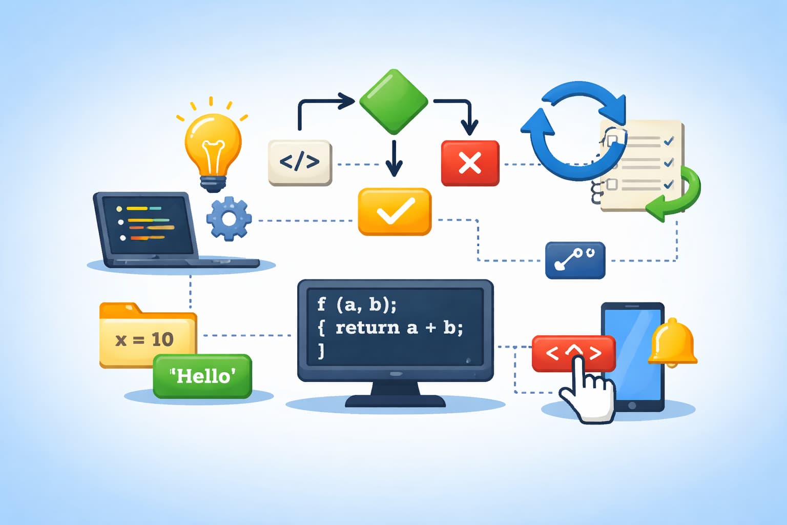 JavaScriptの基本構造をイメージしたプログラムコードと処理の流れのビジュアル