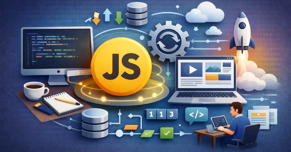 JavaScriptの基本と仕組みをイメージしたWeb開発とプログラミングのコンセプトイラスト