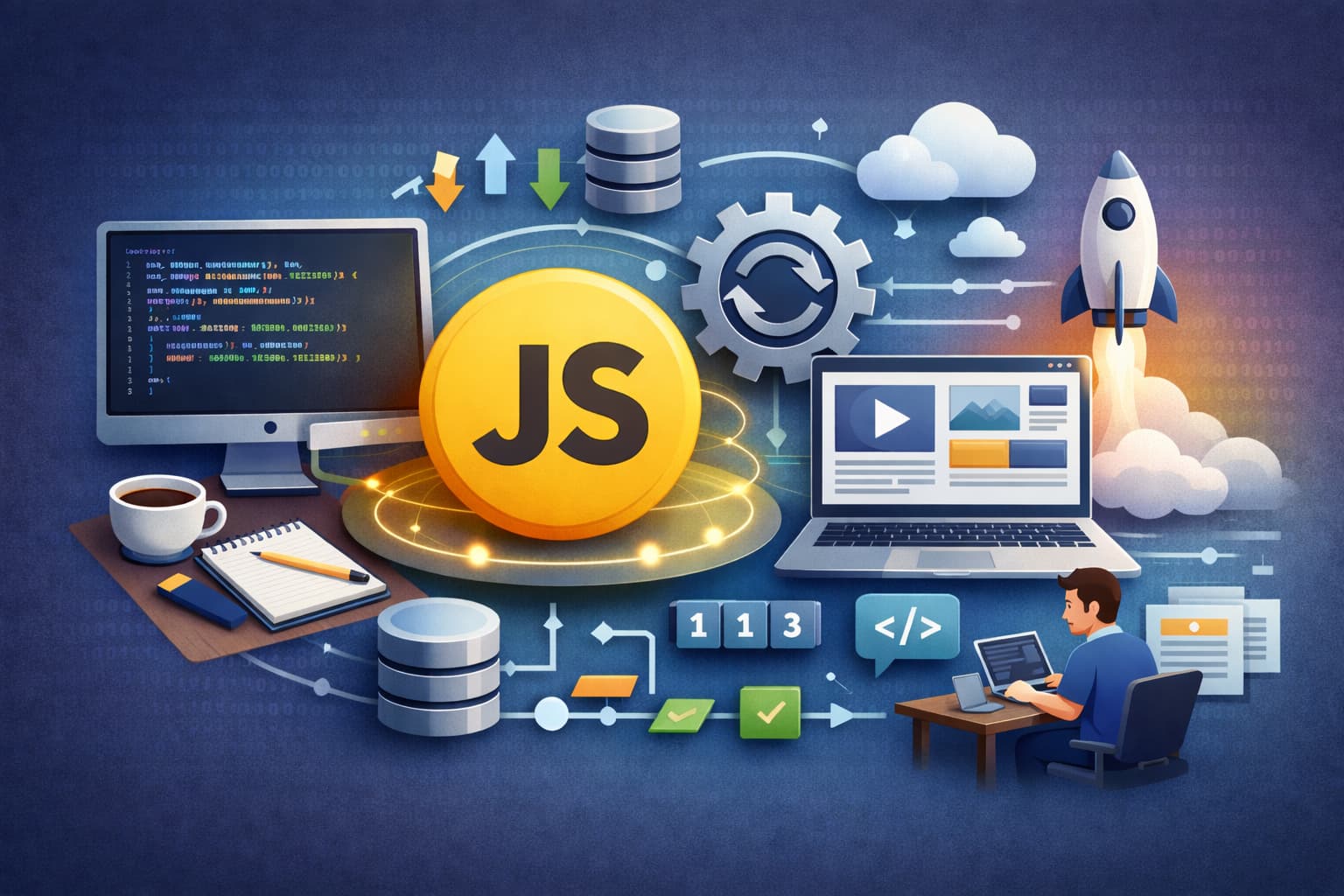 JavaScriptの基本と仕組みをイメージしたWeb開発とプログラミングのコンセプトイラスト