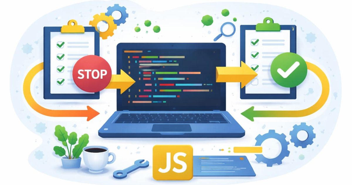 JavaScriptのbreakとcontinueによるループ処理の違いをイメージしたプログラミングの概念イラスト