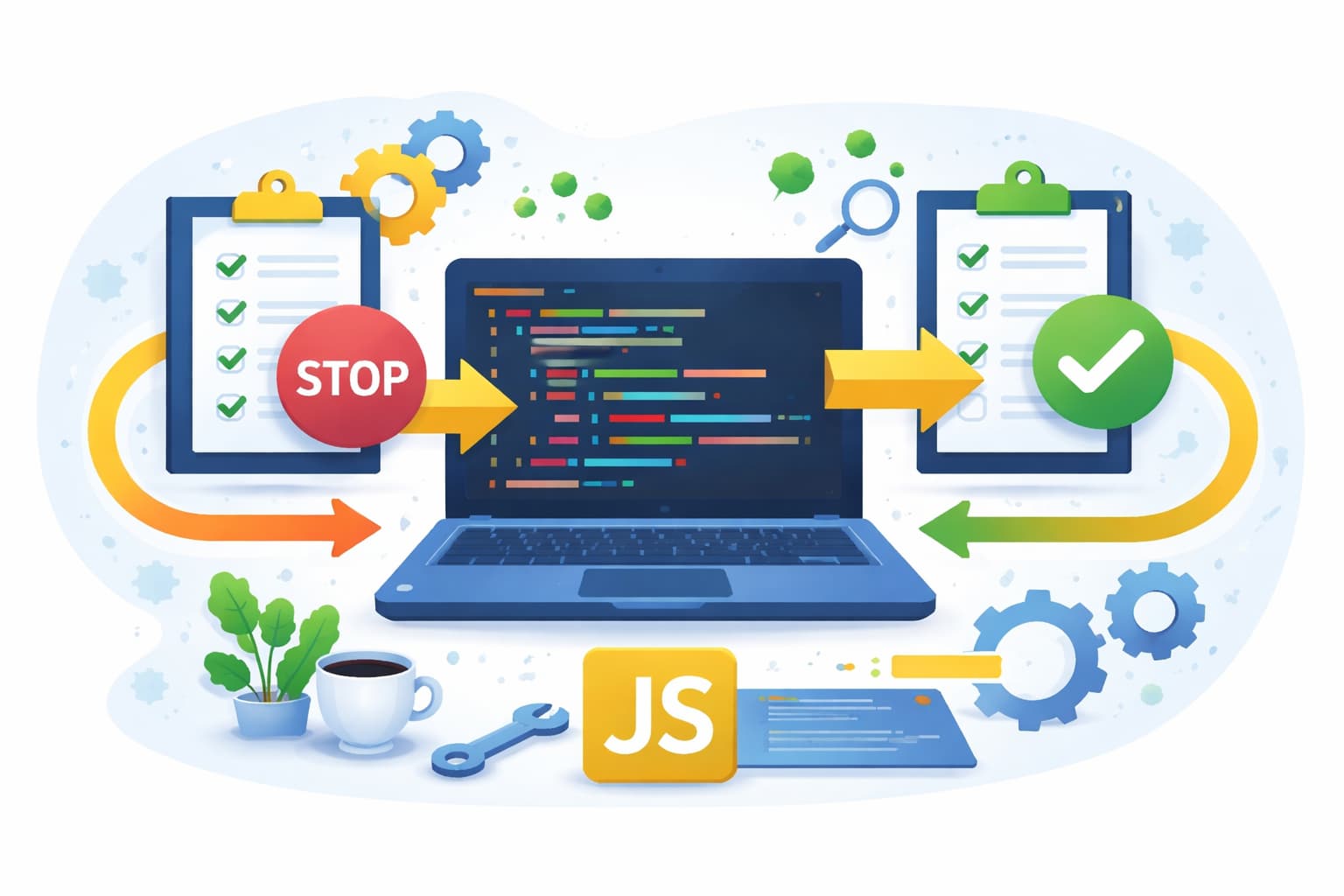 JavaScriptのbreakとcontinueによるループ処理の違いをイメージしたプログラミングの概念イラスト