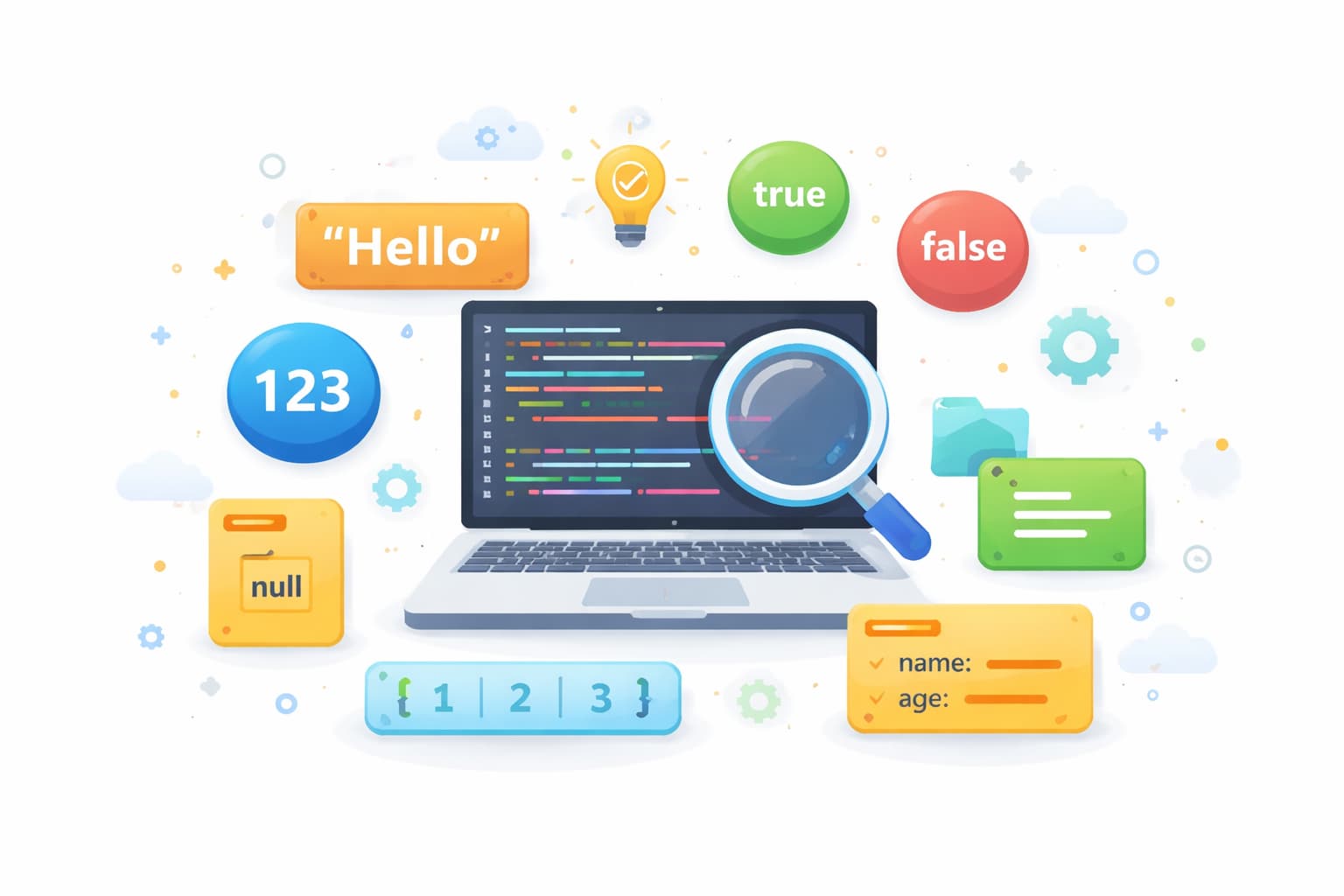 JavaScriptのデータ型（文字列・数値・真偽値・配列・オブジェクトなど）の概念を表したプログラミングイメージ