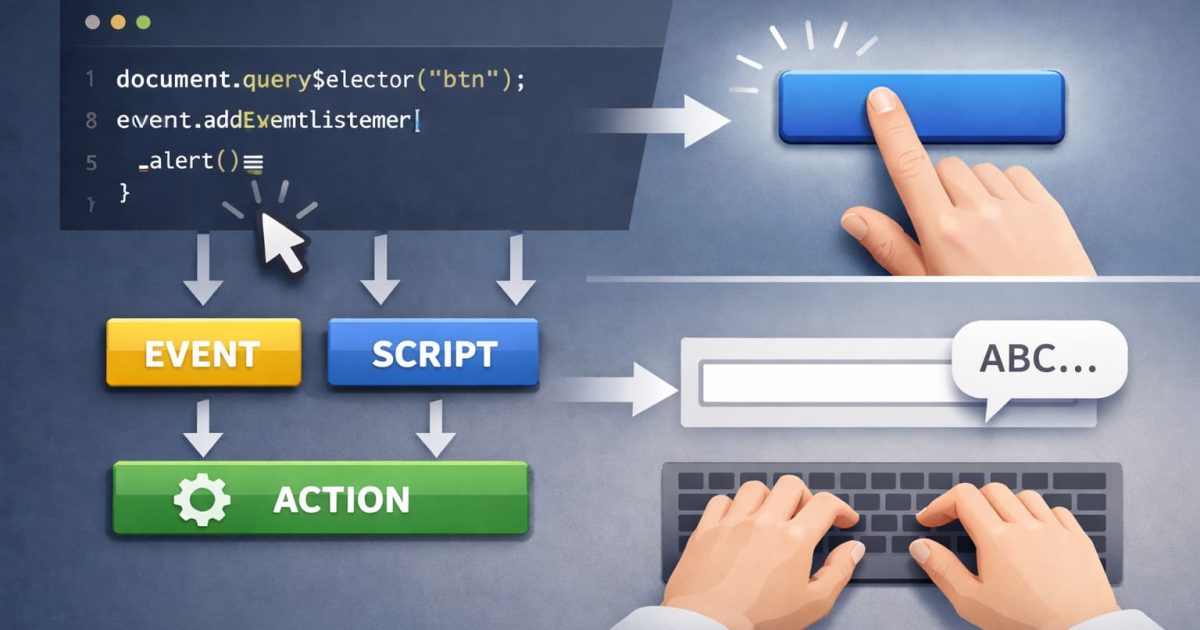JavaScriptのイベント処理を表現したクリック操作と入力フォームのイメージ