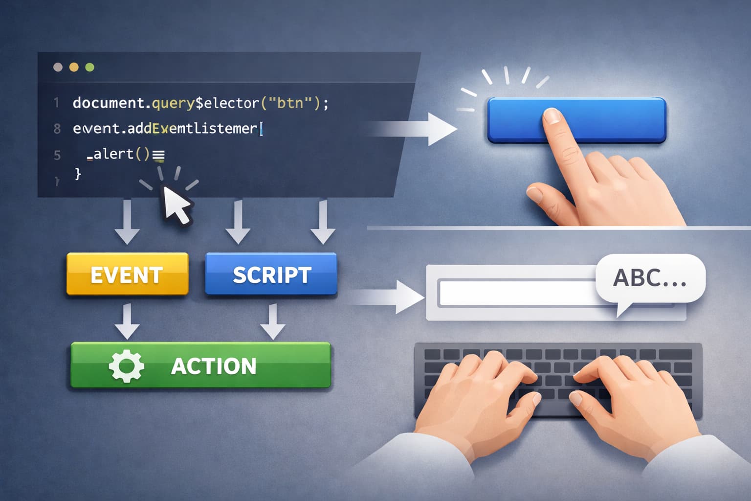 JavaScriptのイベント処理を表現したクリック操作と入力フォームのイメージ