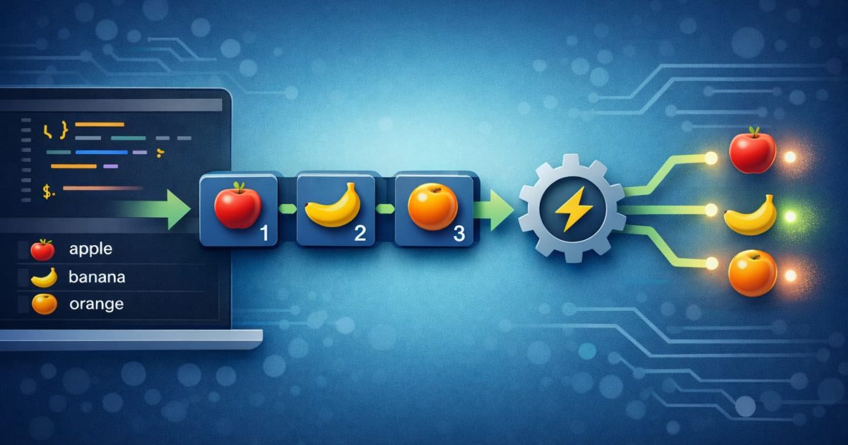 JavaScriptのforEachメソッドによる配列ループ処理の仕組みをイメージしたプログラミング概念図