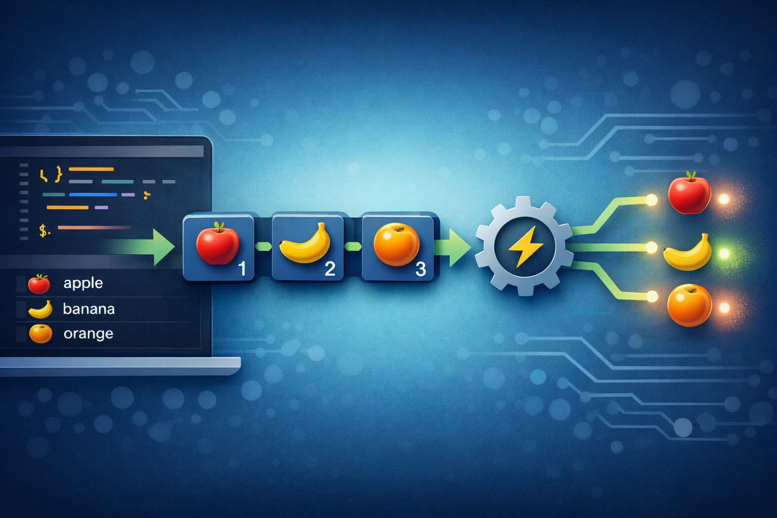 JavaScriptのforEachメソッドによる配列ループ処理の仕組みをイメージしたプログラミング概念図