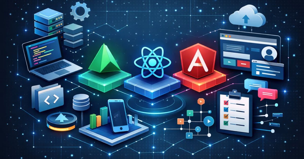 JavaScriptフレームワークの構造とコンポーネント設計を抽象的に表現したWeb開発イメージ