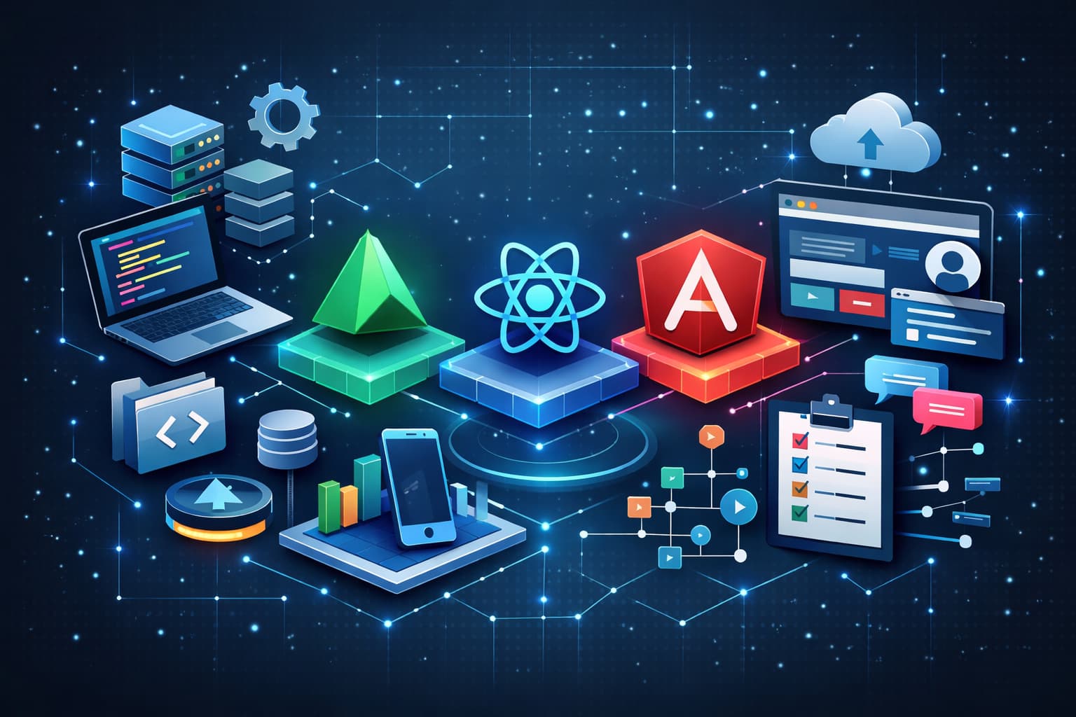 JavaScriptフレームワークの構造とコンポーネント設計を抽象的に表現したWeb開発イメージ