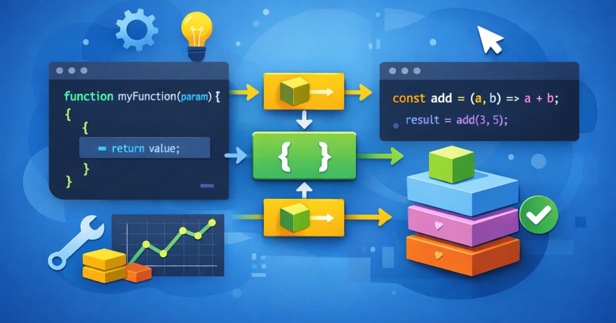 JavaScriptの関数をイメージした処理の流れとブロック構造のビジュアルイメージ