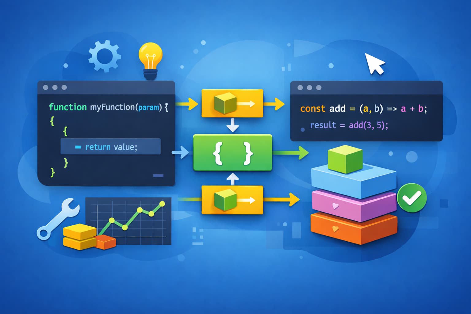 JavaScriptの関数をイメージした処理の流れとブロック構造のビジュアルイメージ