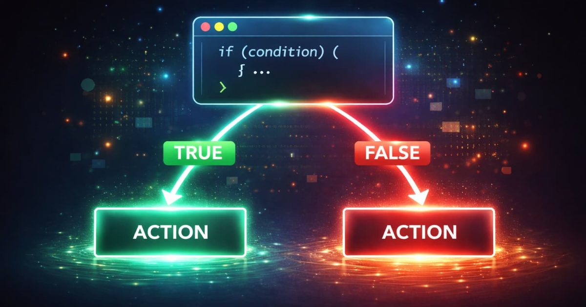 JavaScriptの条件分岐(if文)の概念を表したイメージ。条件によって処理が分かれるプログラム構造を抽象的に表現したビジュアル。
