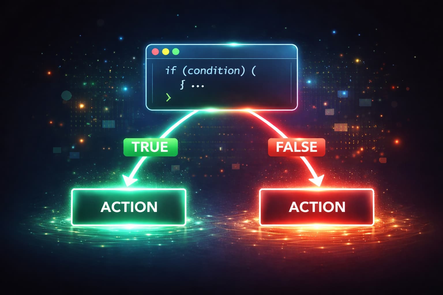 JavaScriptの条件分岐(if文)の概念を表したイメージ。条件によって処理が分かれるプログラム構造を抽象的に表現したビジュアル。