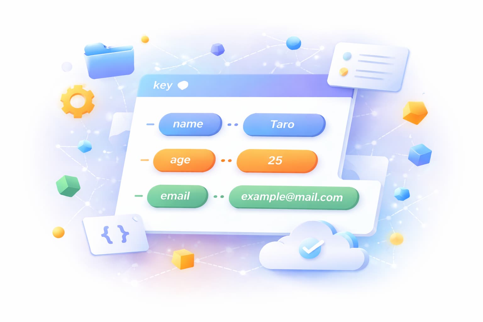 JavaScriptのオブジェクト概念を視覚化した抽象イメージ（キーと値が整理されたデータ構造を表現）