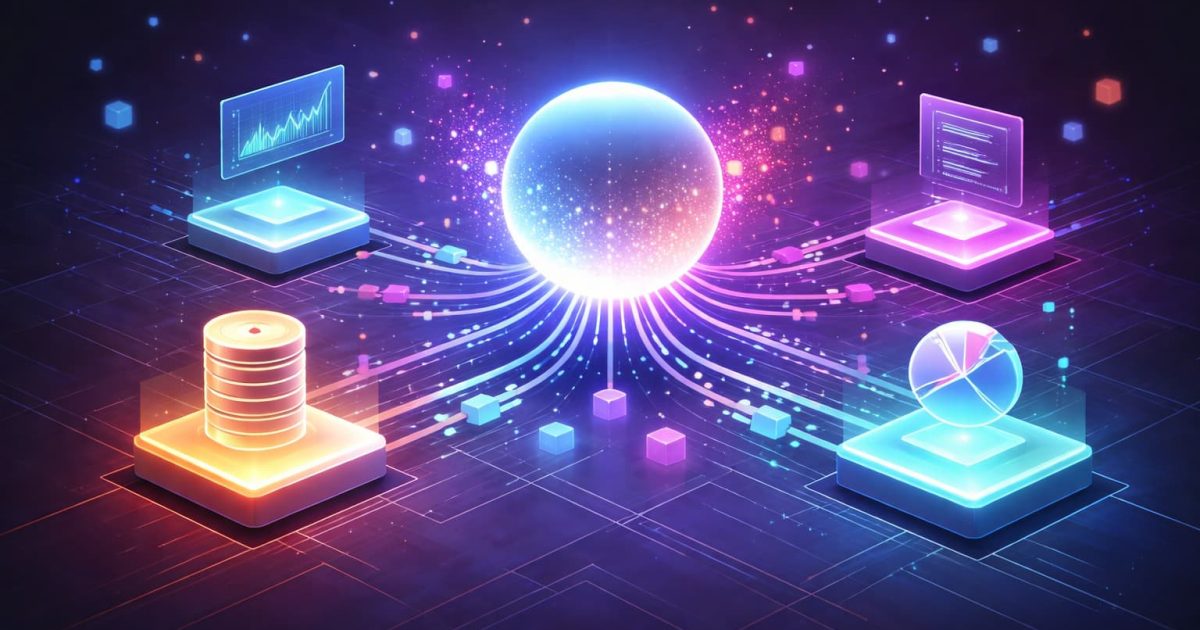 複数のデータが同時に集まり、一つの結果に統合される様子を表した抽象的なデジタルイメージ