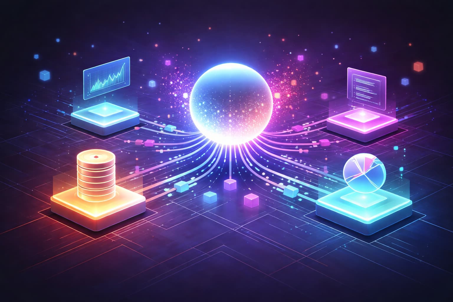 複数のデータが同時に集まり、一つの結果に統合される様子を表した抽象的なデジタルイメージ