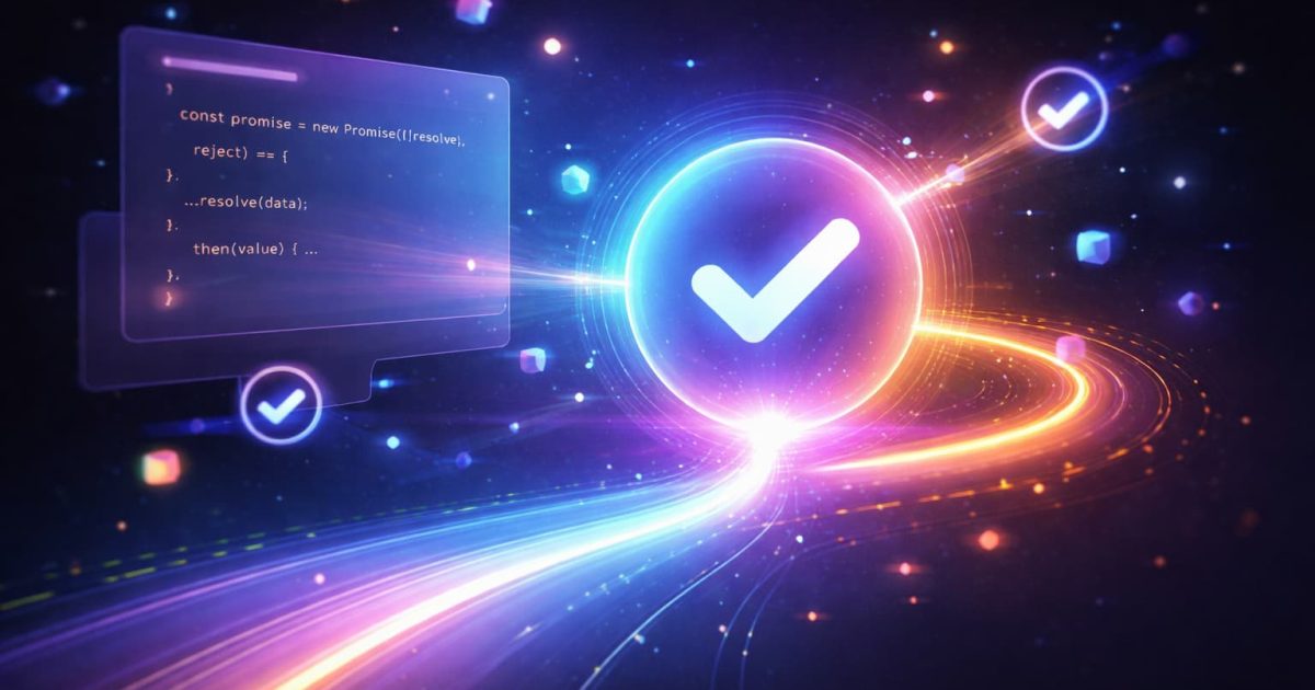 JavaScriptのresolve関数による非同期処理の完了とデータの流れを表現した抽象的なビジュアル