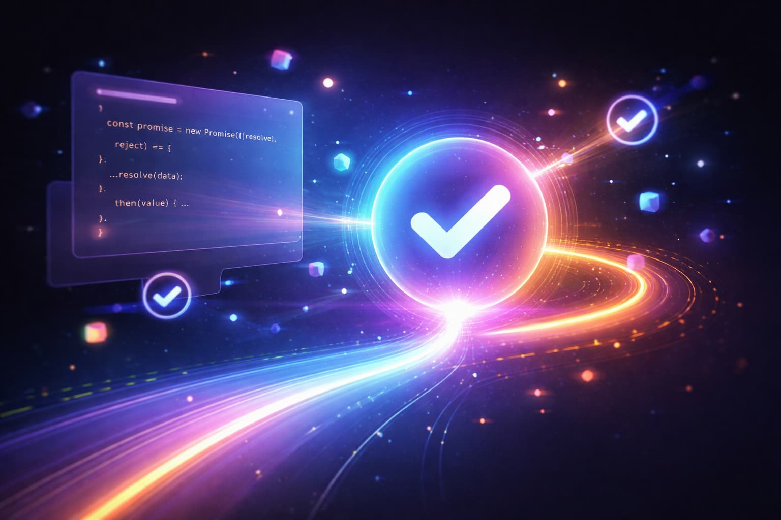 JavaScriptのresolve関数による非同期処理の完了とデータの流れを表現した抽象的なビジュアル