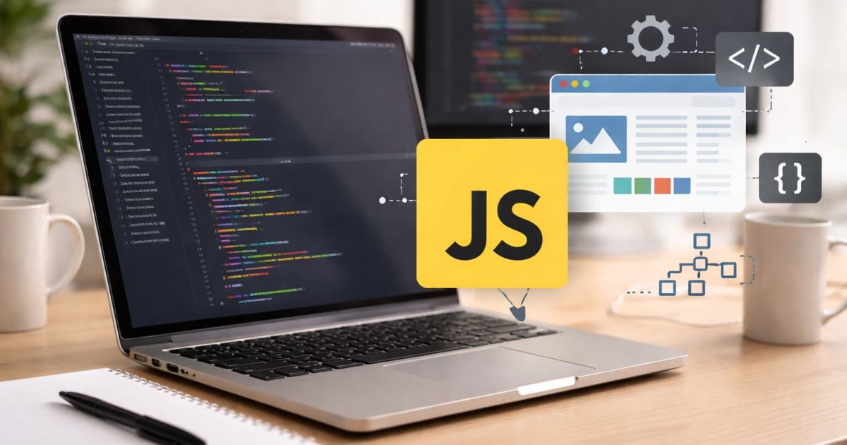 ノートパソコンに表示されたコードとWeb制作のインタラクションをイメージした画面