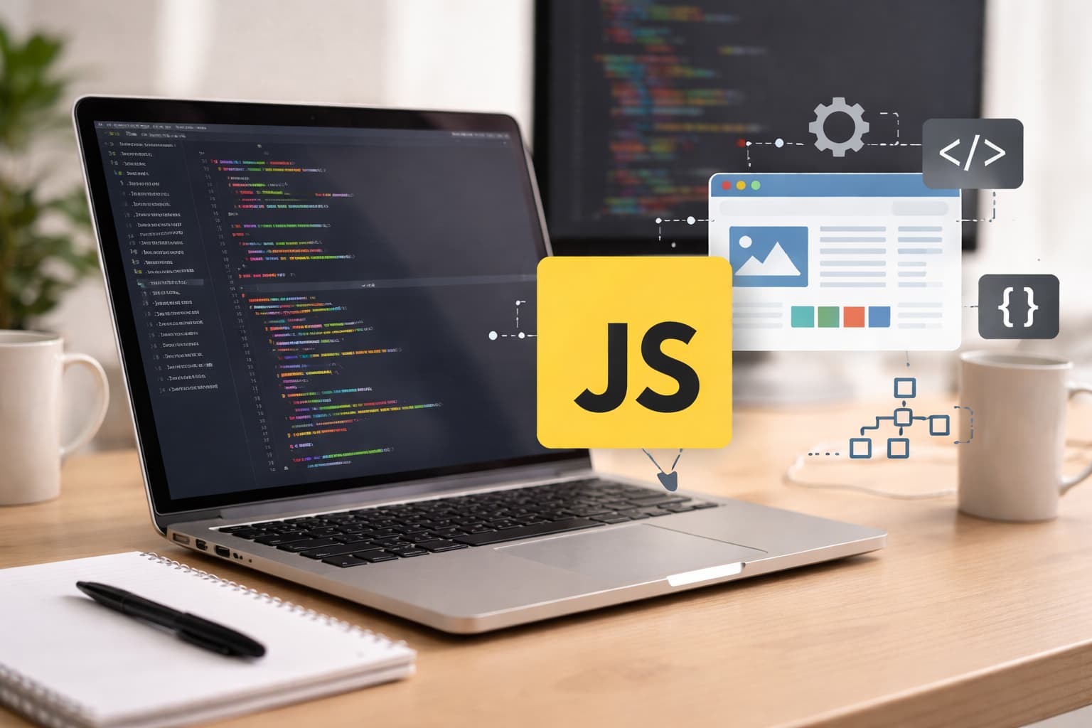 ノートパソコンに表示されたコードとWeb制作のインタラクションをイメージした画面