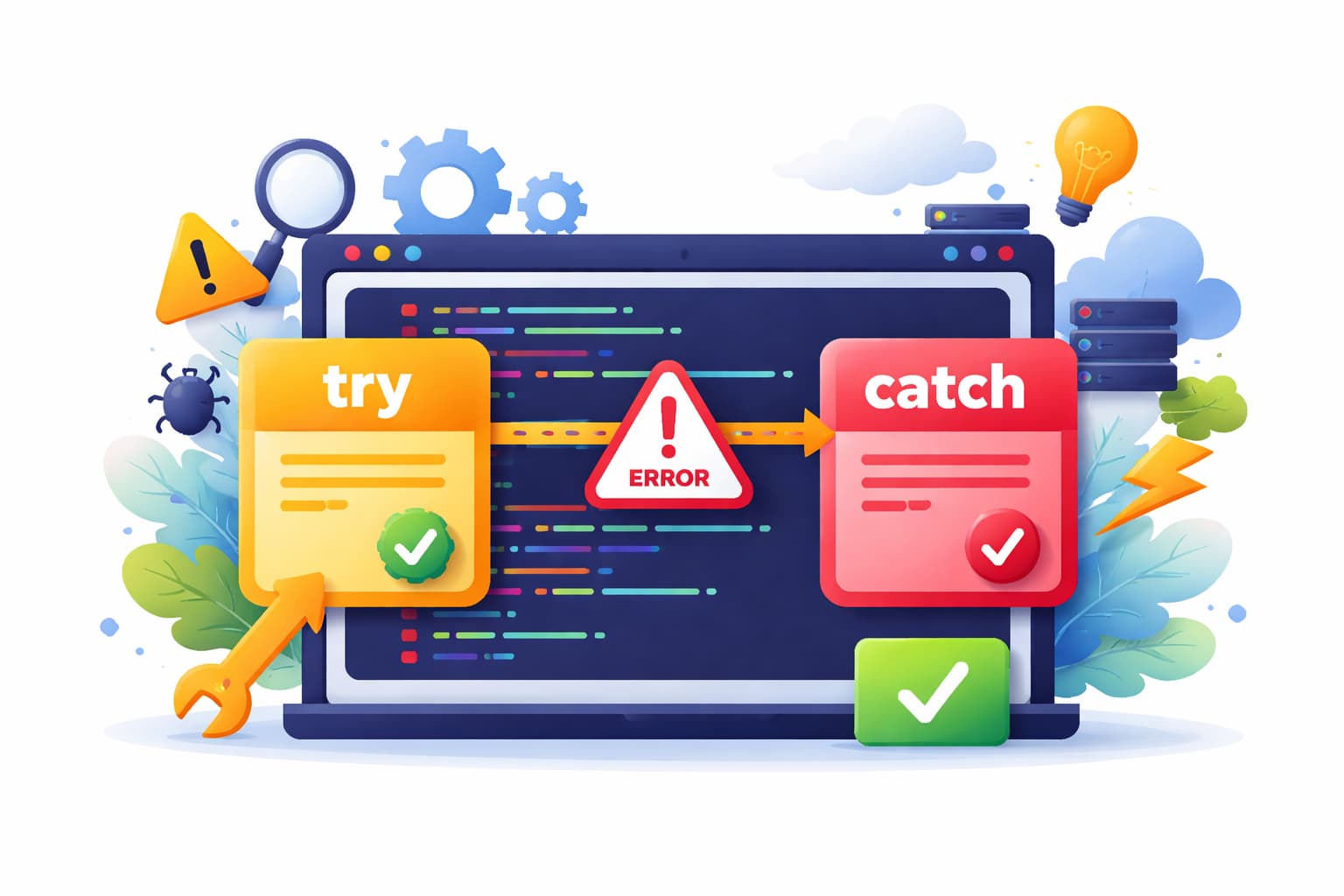 JavaScriptのエラー発生と処理の流れをイメージしたtry/catchのビジュアル