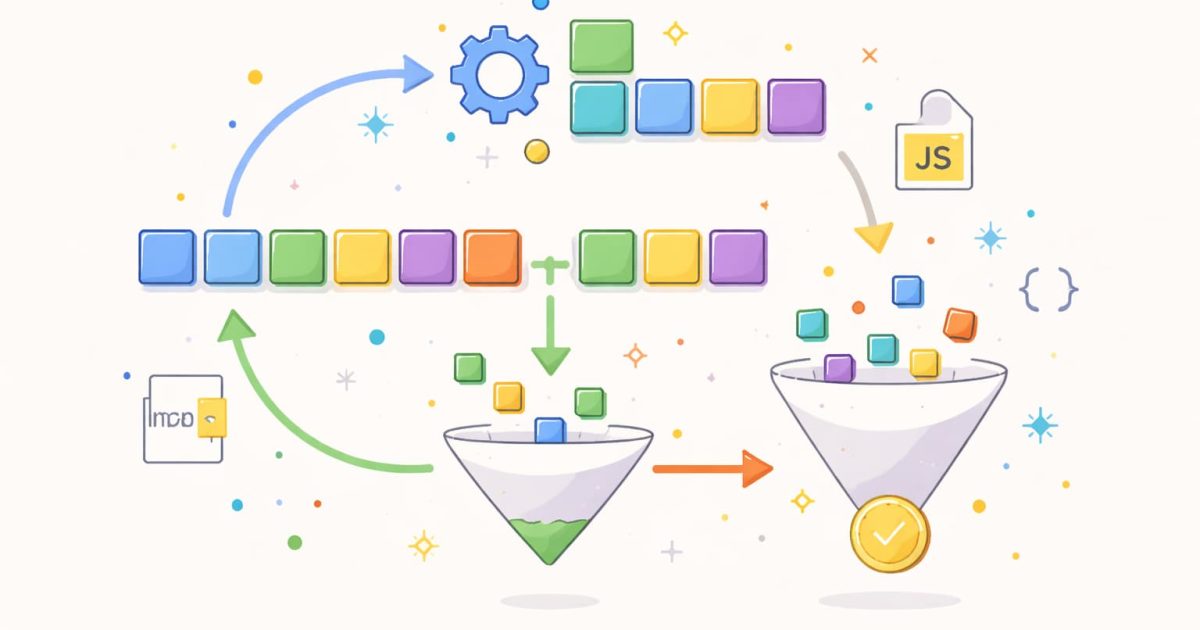 JavaScriptの配列操作（map・filter・reduce）の流れを抽象的に表現したシンプルなビジュアル