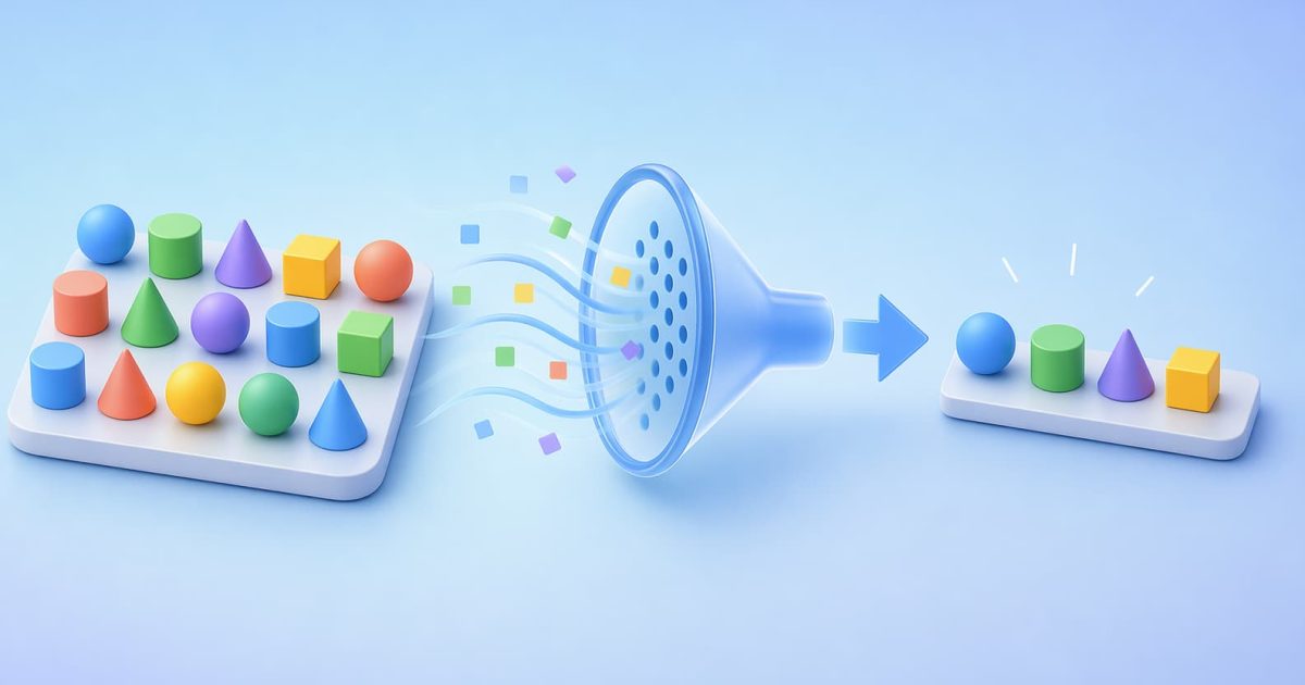 複数の要素の中から条件に合うものだけが選ばれる様子を表したイメージ