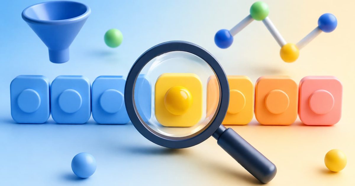 配列の中から条件に一致する要素を虫眼鏡で見つけ出すイメージ