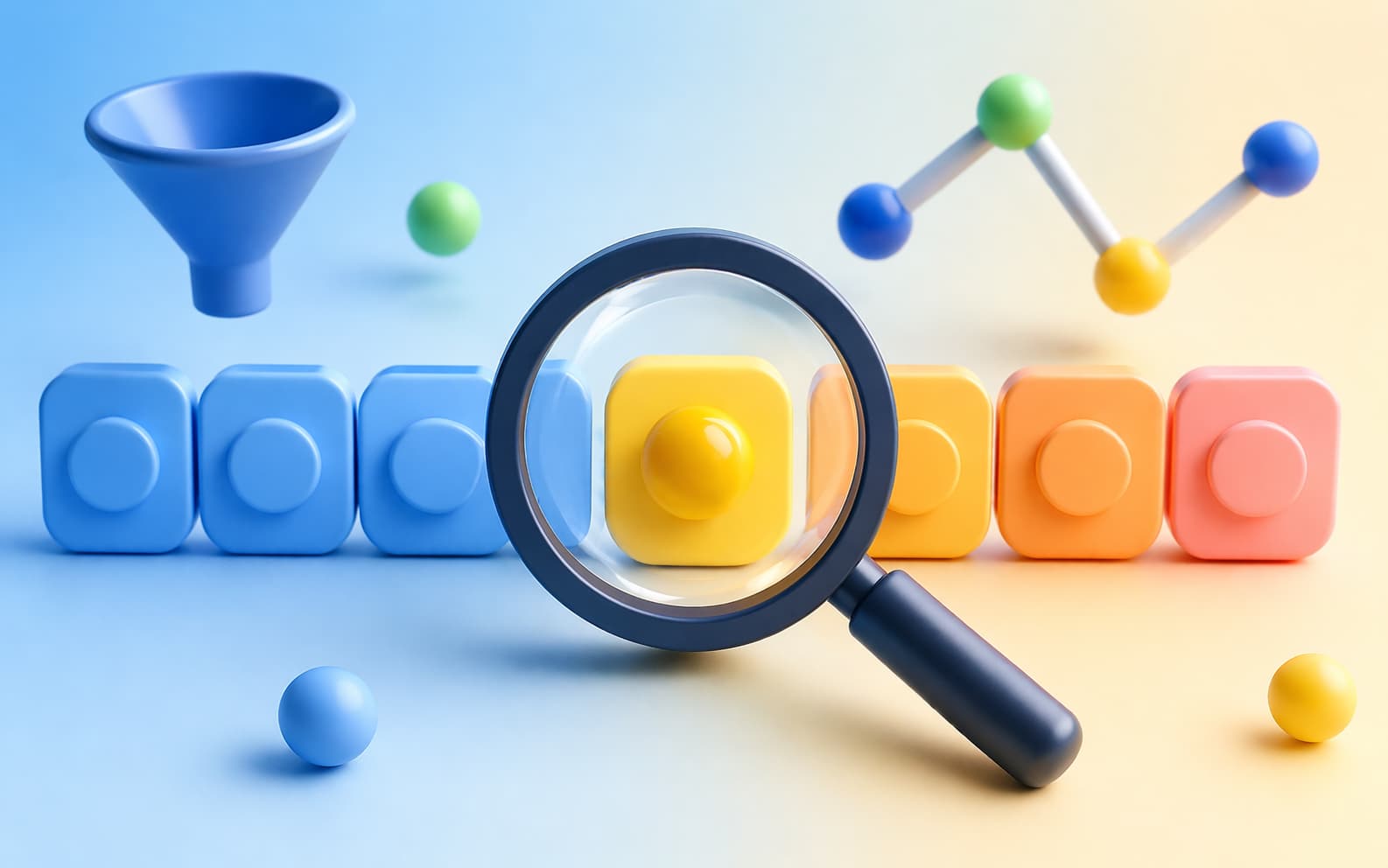 配列の中から条件に一致する要素を虫眼鏡で見つけ出すイメージ