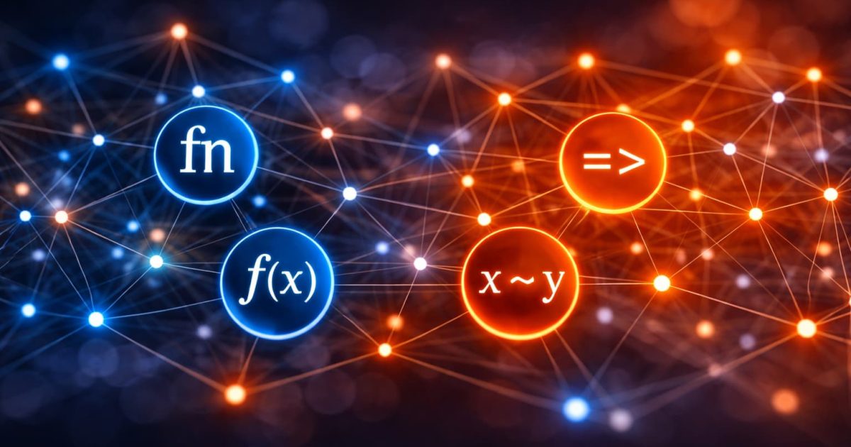 抽象的なネットワーク構造の中で、複数のノードが線でつながり、関数同士が連携して処理を構成しているイメージ