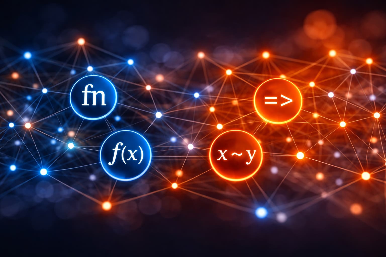 抽象的なネットワーク構造の中で、複数のノードが線でつながり、関数同士が連携して処理を構成しているイメージ