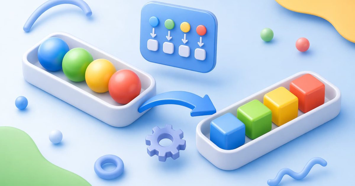 JavaScriptのmap関数による配列変換を表現したカラフルなイメージ