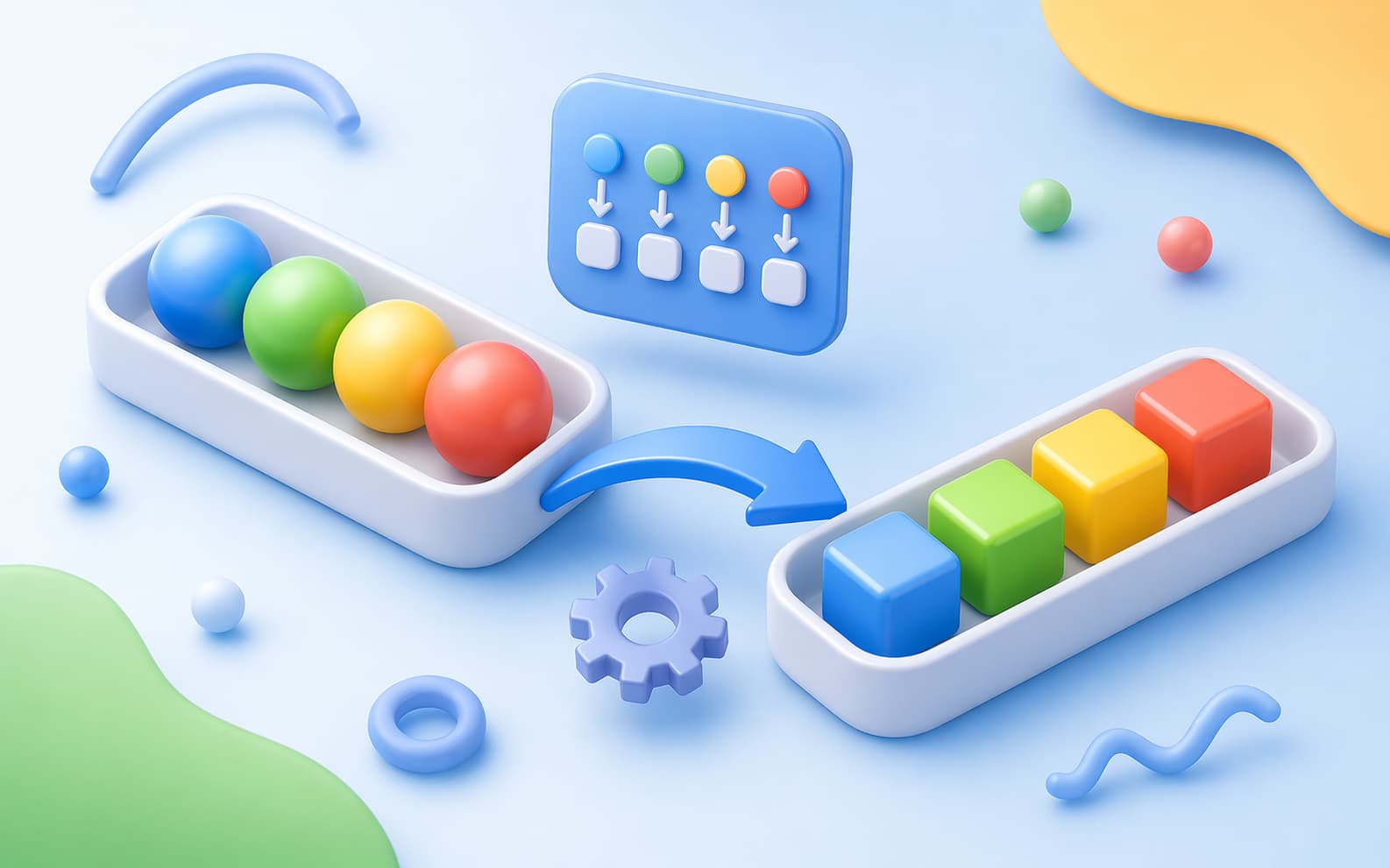 JavaScriptのmap関数による配列変換を表現したカラフルなイメージ