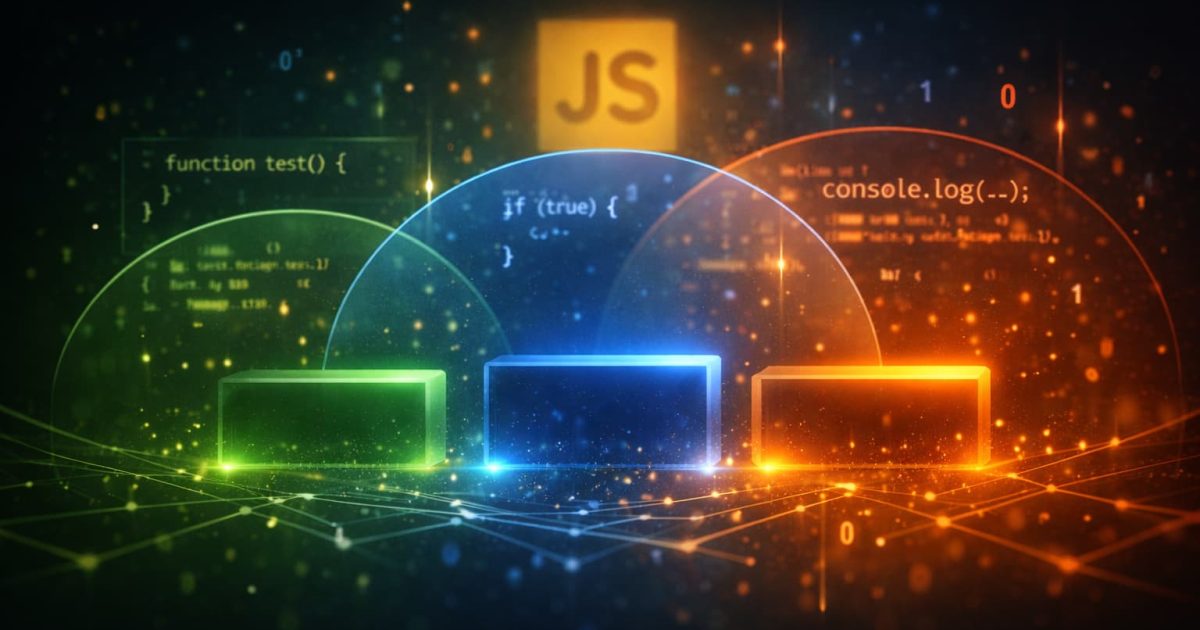 JavaScriptのスコープの広がりと変数の違いを表現した抽象的なデジタルイメージ