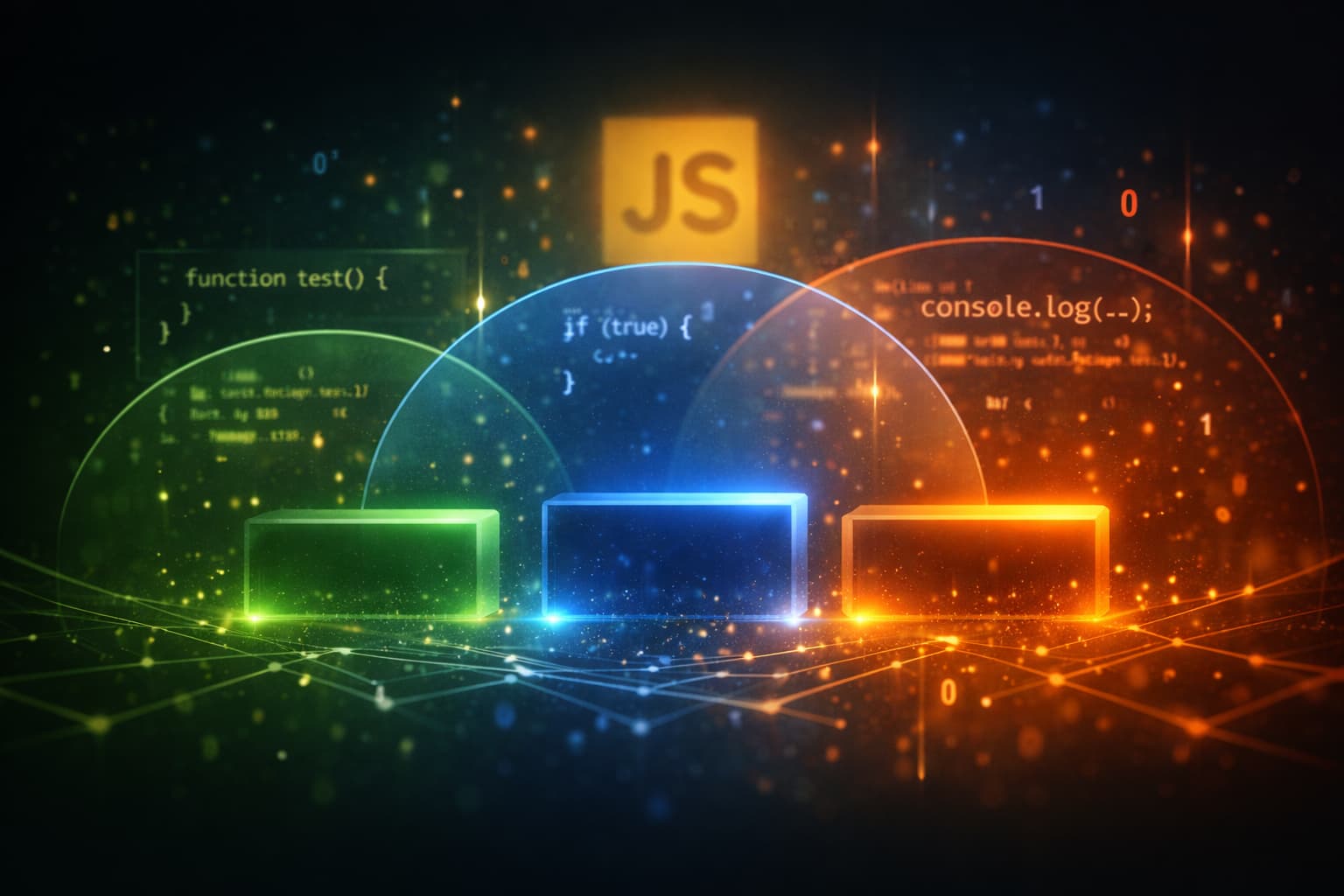 JavaScriptのスコープの広がりと変数の違いを表現した抽象的なデジタルイメージ