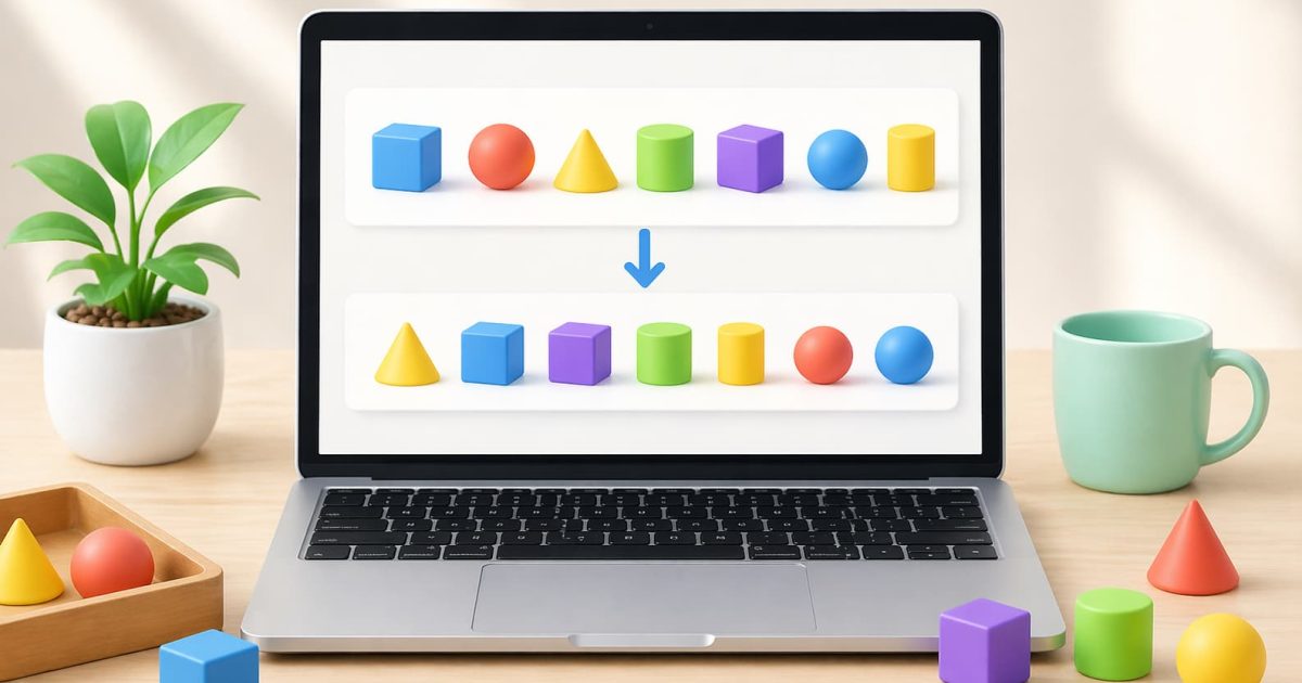カラフルな図形が整然と並び替えられていく様子をノートパソコン上で表現したイメージ