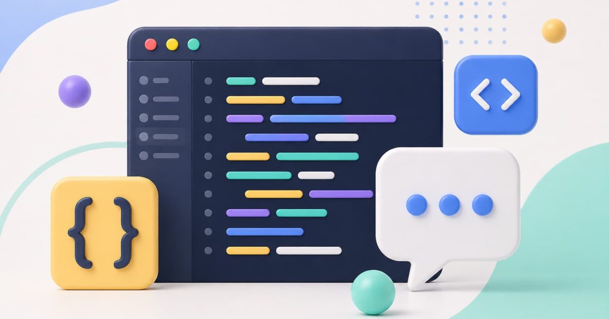 JavaScriptの文字列操作をイメージしたコードエディタとシンプルなUIオブジェクトのビジュアル