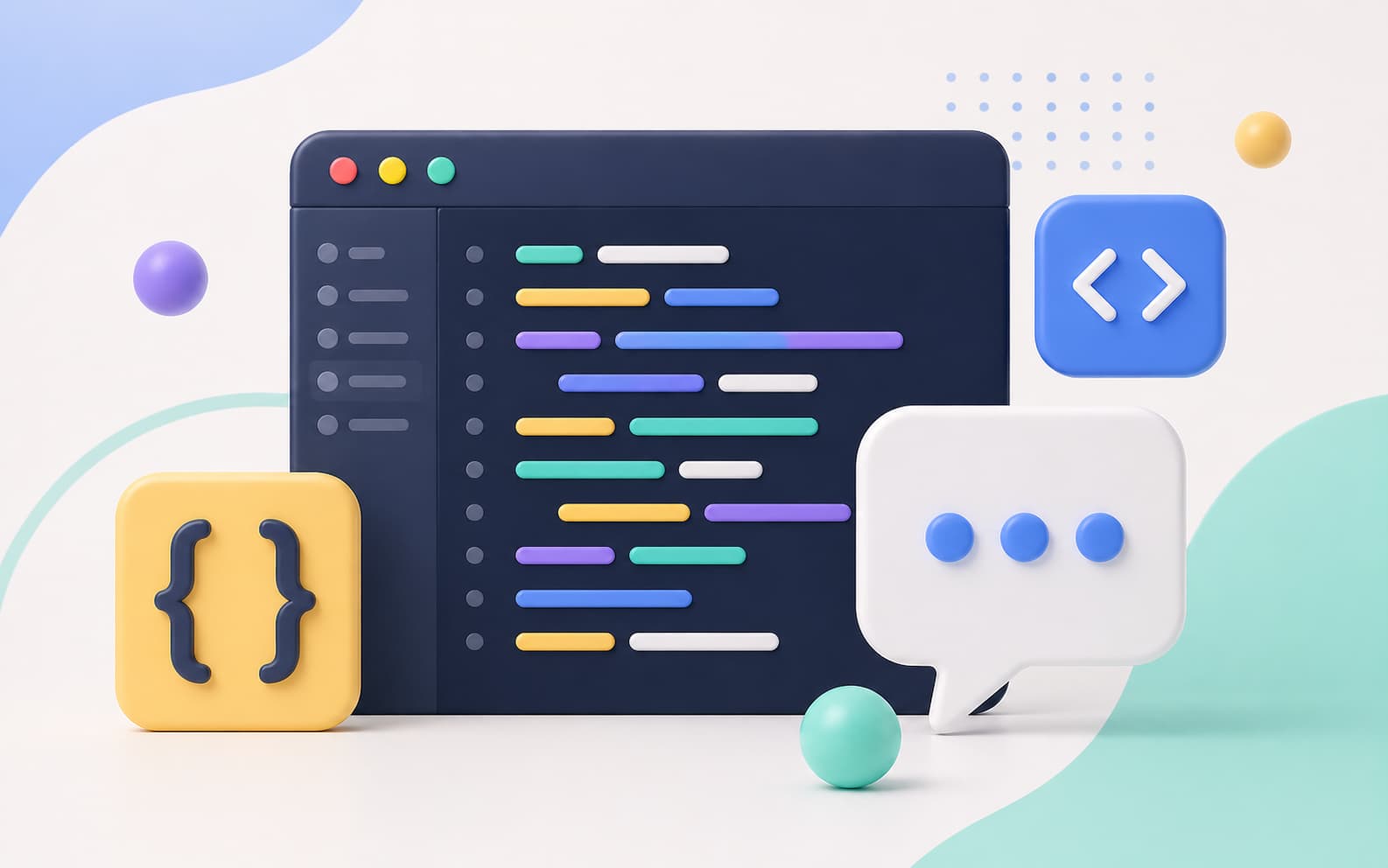 JavaScriptの文字列操作をイメージしたコードエディタとシンプルなUIオブジェクトのビジュアル