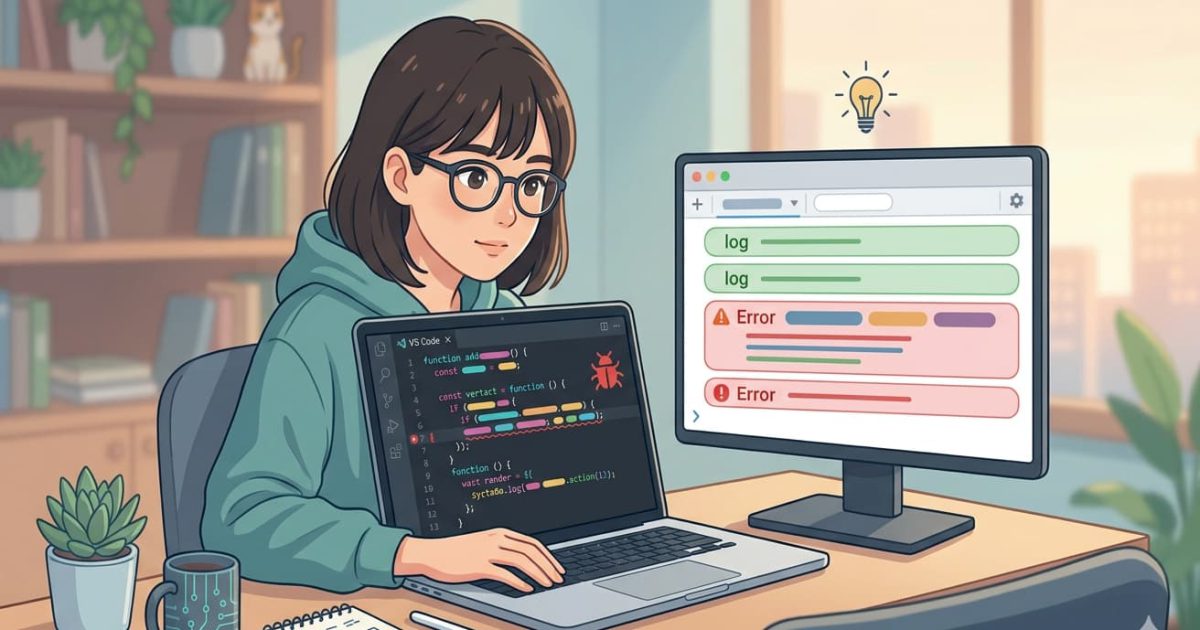 デスクでパソコンに向かい、JavaScriptのエラー原因を特定して解決しようとしているイラスト。手元のノートパソコンにはコードが表示され、隣のモニターにはエラーログのコンソール画面が映っています。