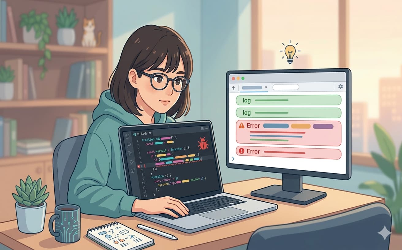 デスクでパソコンに向かい、JavaScriptのエラー原因を特定して解決しようとしているイラスト。手元のノートパソコンにはコードが表示され、隣のモニターにはエラーログのコンソール画面が映っています。