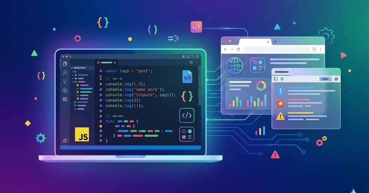 JavaScriptの開発環境構築とコンソールの使い方を表現したイメージ。ノートパソコンの画面にプログラミングコードが表示され、Webブラウザのデベロッパーツールによる検証が行われている様子を抽象的に描いたイラスト。