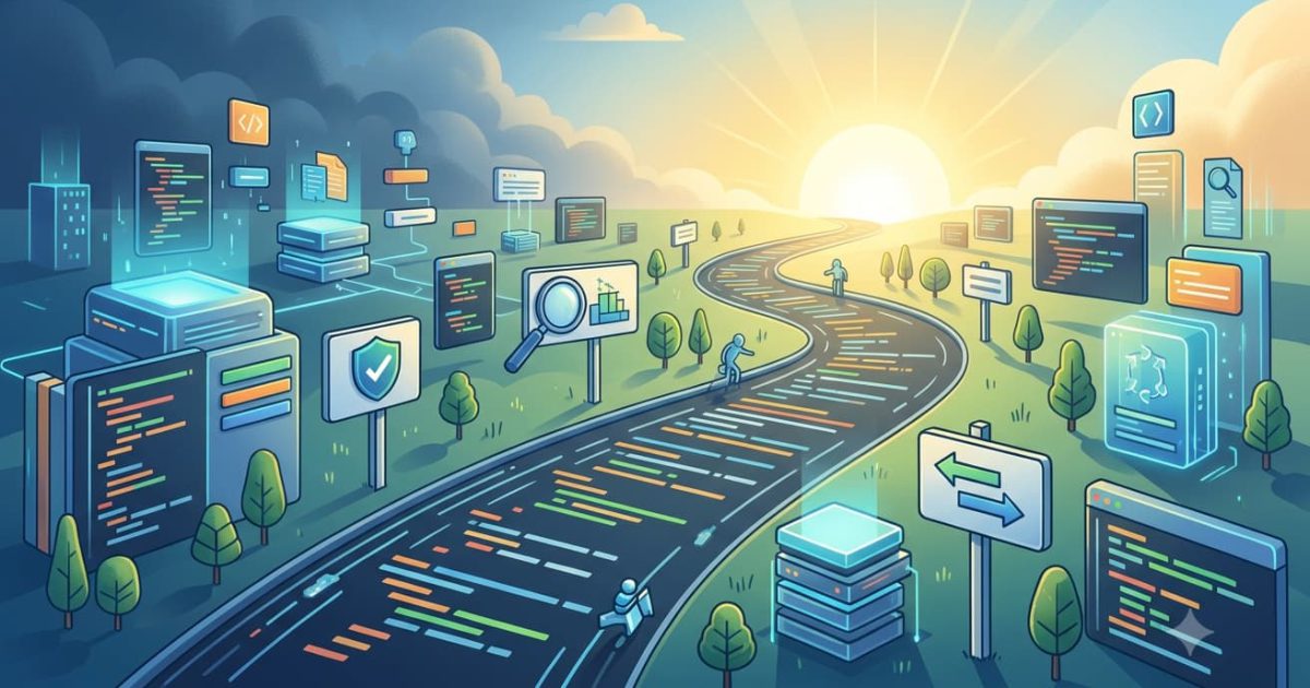 複雑なソースコードが整理され、一本のクリアな道路へとリファクタリングされていく様子を表現したイラスト。整然と並ぶデータサーバーや、見通しの良い道へと進むステップが抽象的なデジタルアートで描かれています。