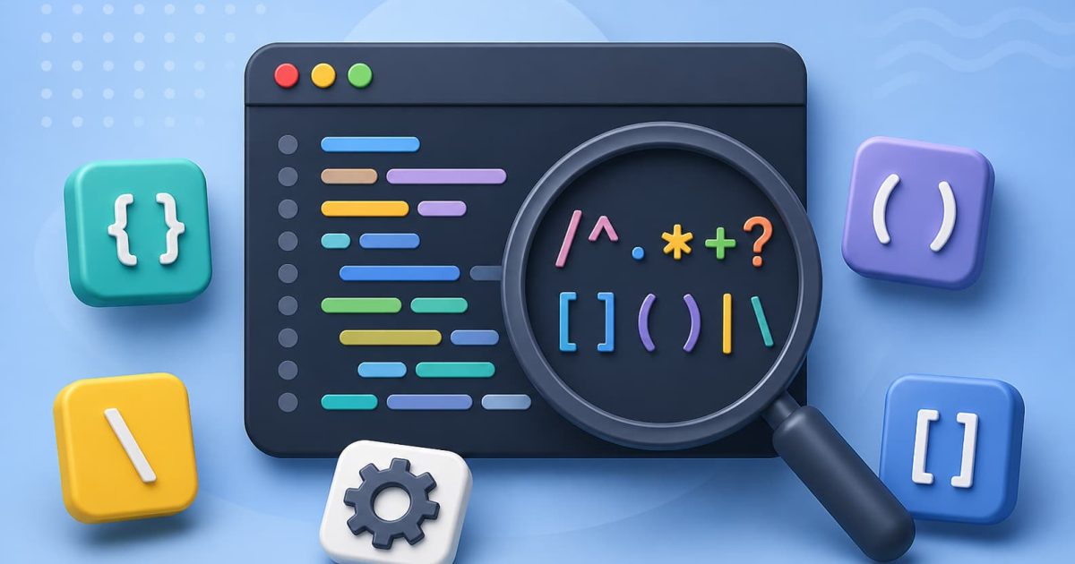正規表現の記号とコード画面をモチーフにしたJavaScriptのイメージ