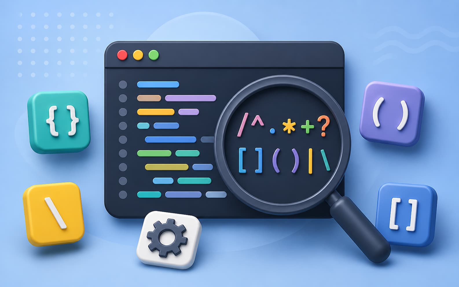 正規表現の記号とコード画面をモチーフにしたJavaScriptのイメージ