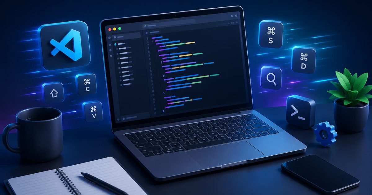 VS Codeを活用した効率的なコーディング環境とショートカットキーによる作業効率化を表現したイメージ
