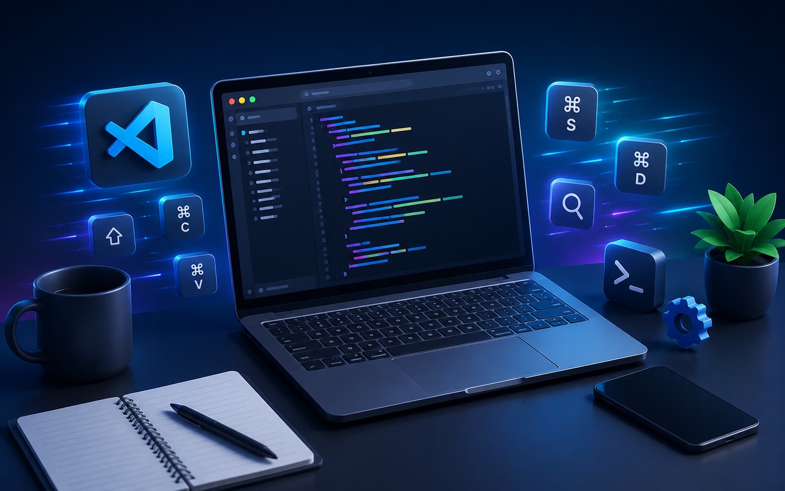VS Codeを活用した効率的なコーディング環境とショートカットキーによる作業効率化を表現したイメージ