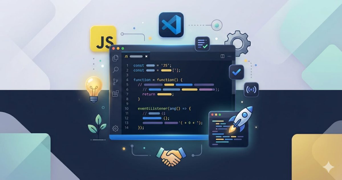 「VS CodeでJavaScript開発を快適に！」という記事タイトルの下に、JavaScriptとVS Codeのロゴ、コードエディタ、そしてロケットや歯車、電球、握手などの3Dアイコンが配置された、初心者向けの環境構築をイメージしたモダンなアイキャッチ画像。