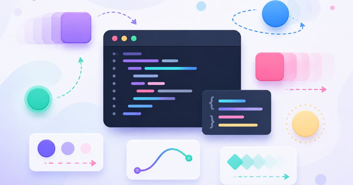 CSSアニメーションの基本をイメージした、動きのあるUI要素とコードエディタを表現したイラスト